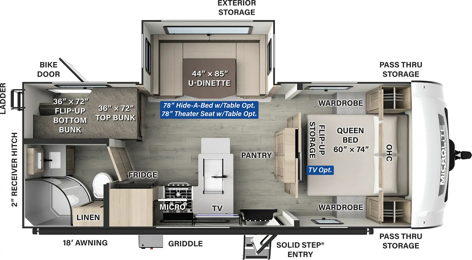 The Flagstaff Micro Lite 25DBH floorplan has one entry and one slide out. Exterior features include: fiberglass exterior and 18' awning. Interiors features include: bunk beds, u-dinette and front bedroom.